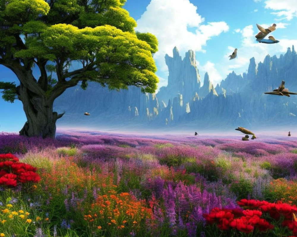 Colorful landscape with tree, flowers, birds, and cliffs under blue sky