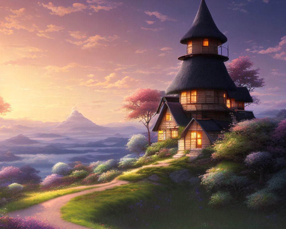 Spired roof fairy-tale cottage in pink blossoms and rolling hills