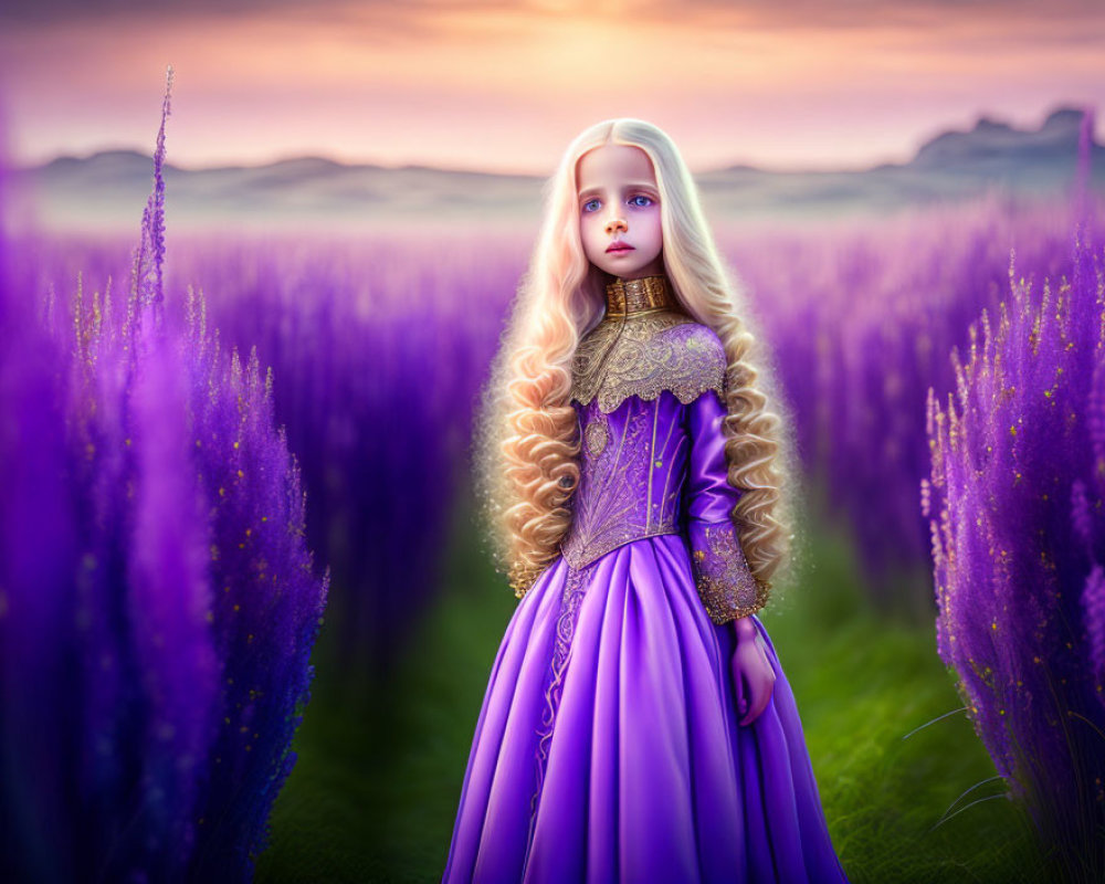 Young girl with long blond hair in purple dress in lavender field at sunset