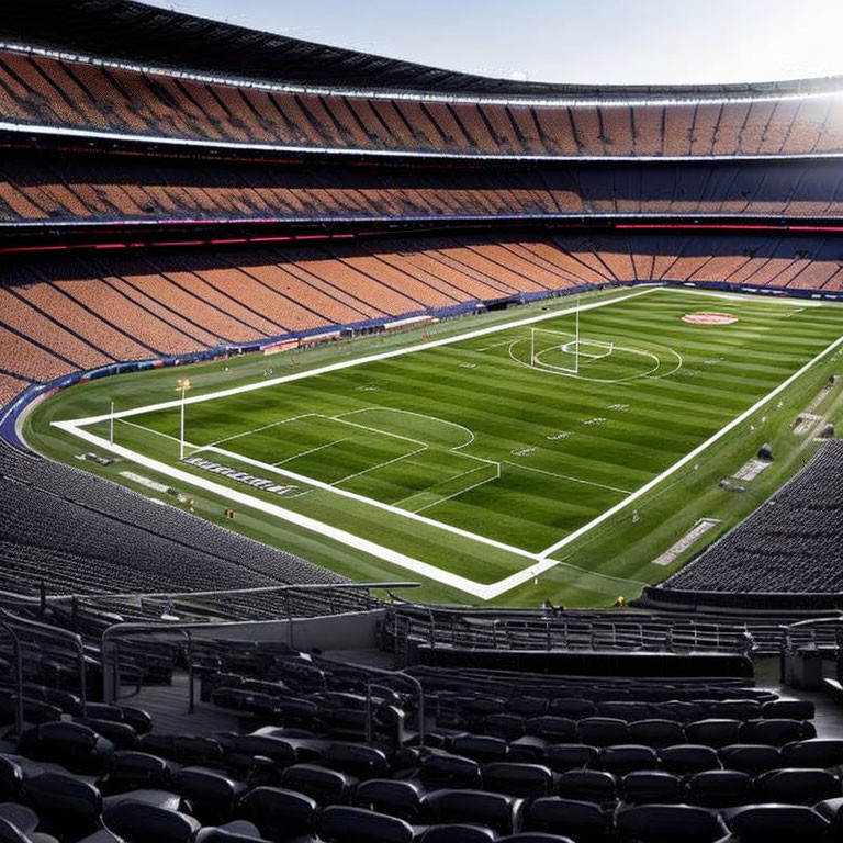 Deserted stadium with green soccer pitch and empty seating under clear skies