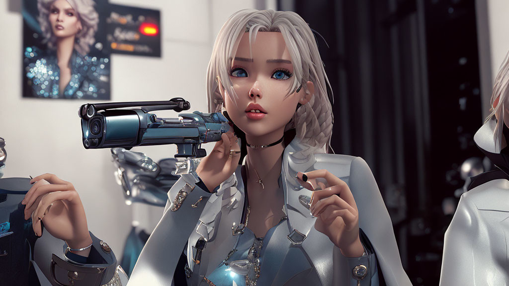 White-Haired Female Anime Character in Modern Suit with Blaster and Robotics