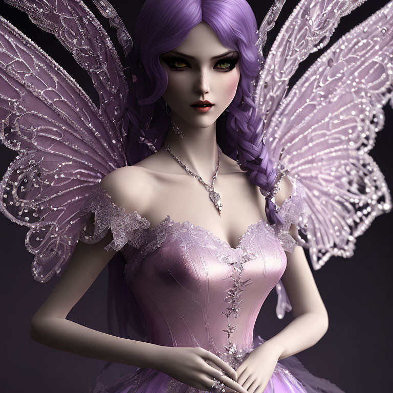 Female fairy with purple hair and ornate wings in strapless gown on dark background