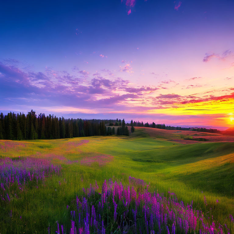 Vibrant sunset sky over lush green field with purple wildflowers