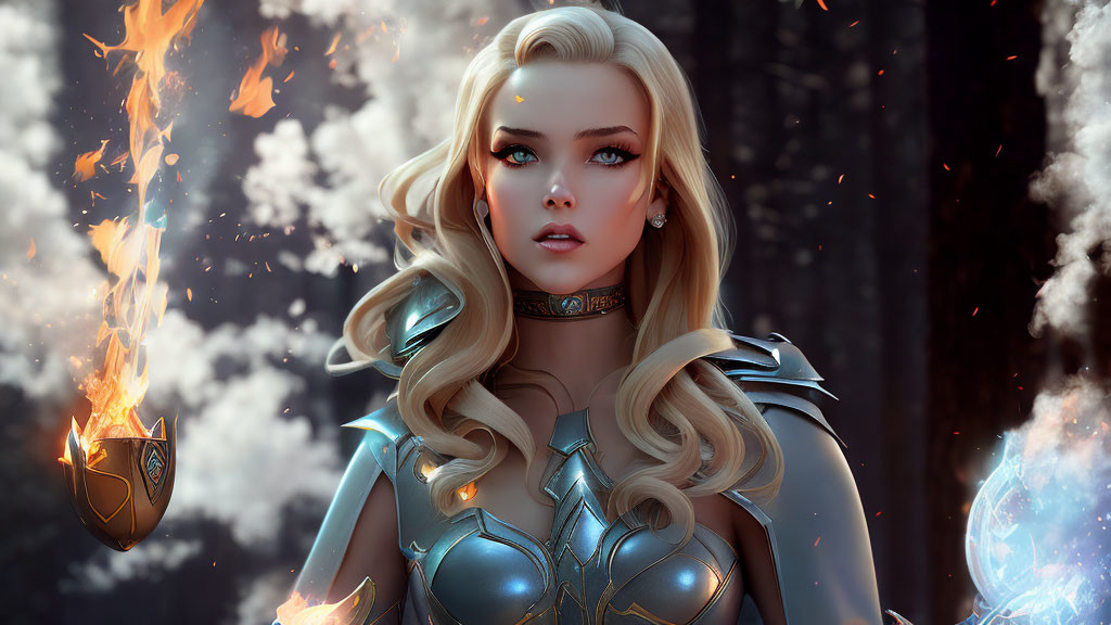 Blonde fantasy female character in armor with shield amidst flames and blue orb