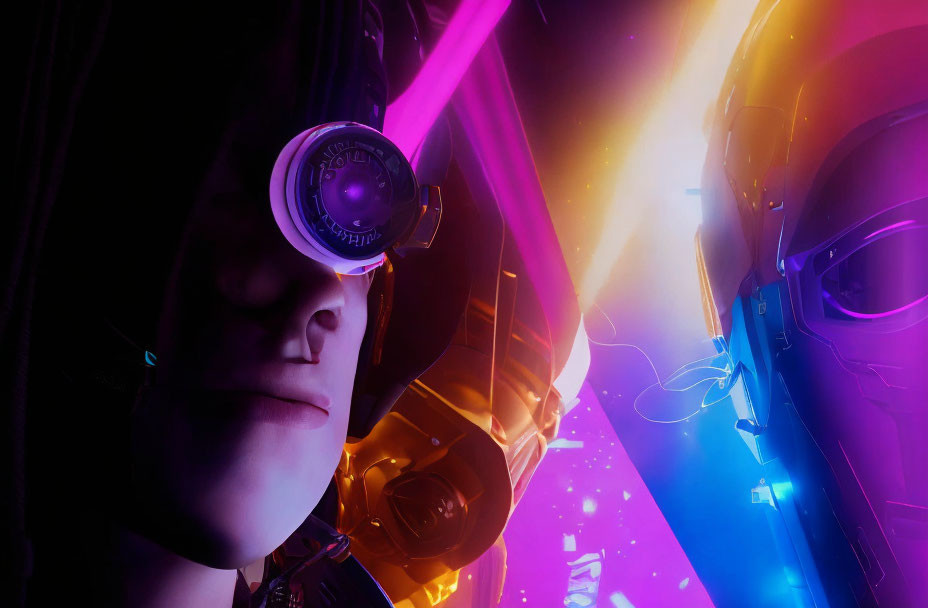 Close-up of animated character in purple visor with neon lights & futuristic backdrop