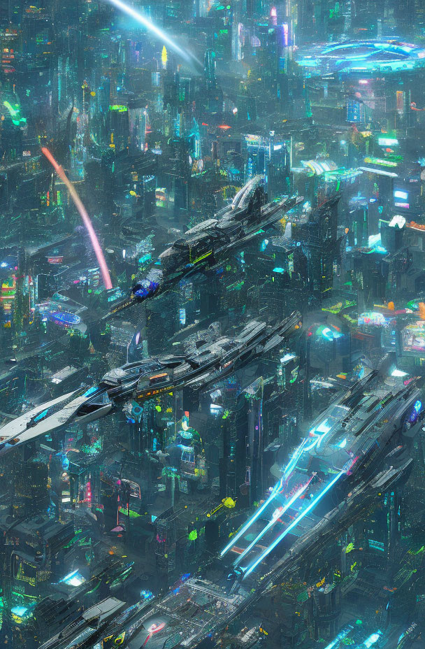 Futuristic night cityscape with neon lights, skyscrapers, and flying vehicles