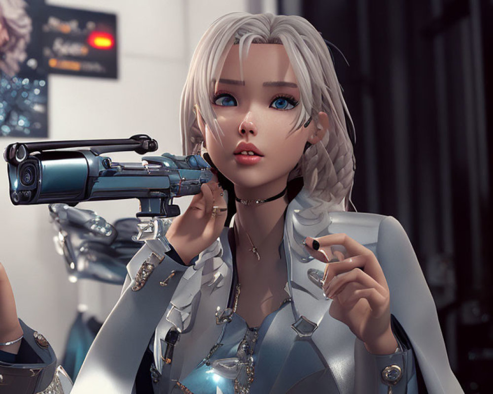 White-Haired Female Anime Character in Modern Suit with Blaster and Robotics