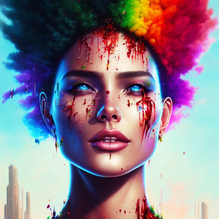 Colorful digital portrait of a woman with paint-splattered afro and blue eyes