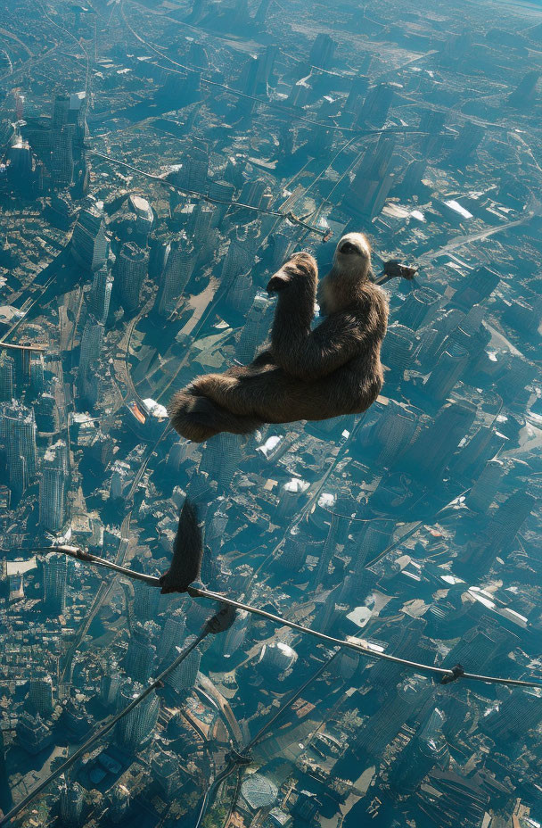 Sloth hanging from wire in urban cityscape