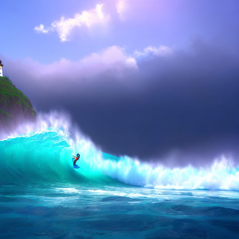 Surfer riding massive blue wave near cliff under stormy sky.