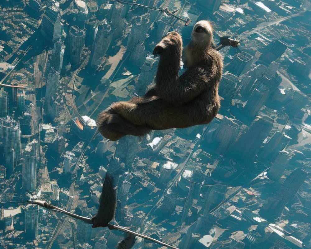 Sloth hanging from wire in urban cityscape