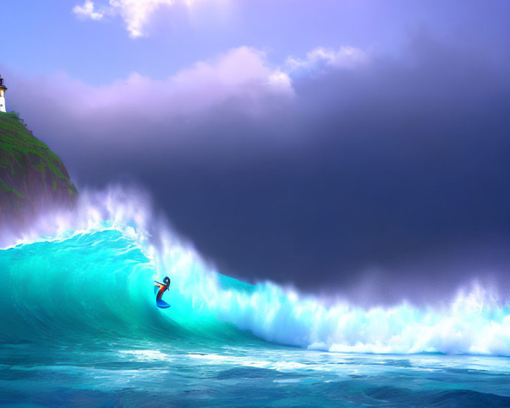 Surfer riding massive blue wave near cliff under stormy sky.