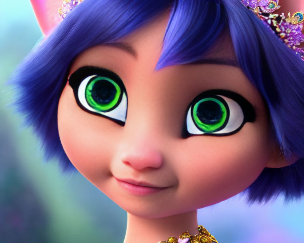 Colorful Animated Character with Green Eyes, Blue Hair, Cat-like Ears, Flowers, and Jewelry