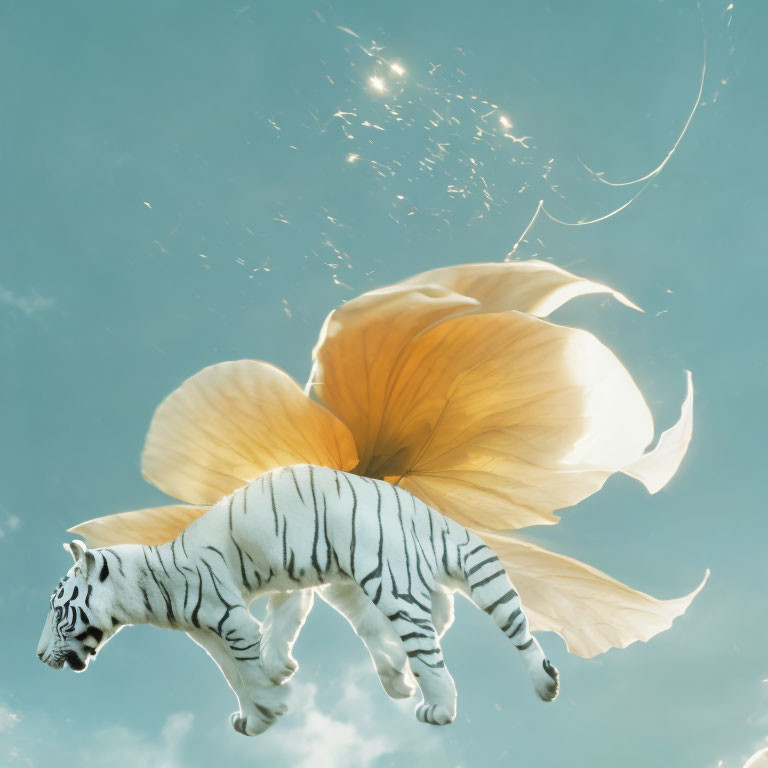 White tiger with butterfly wings in surreal sky with light flares and clouds