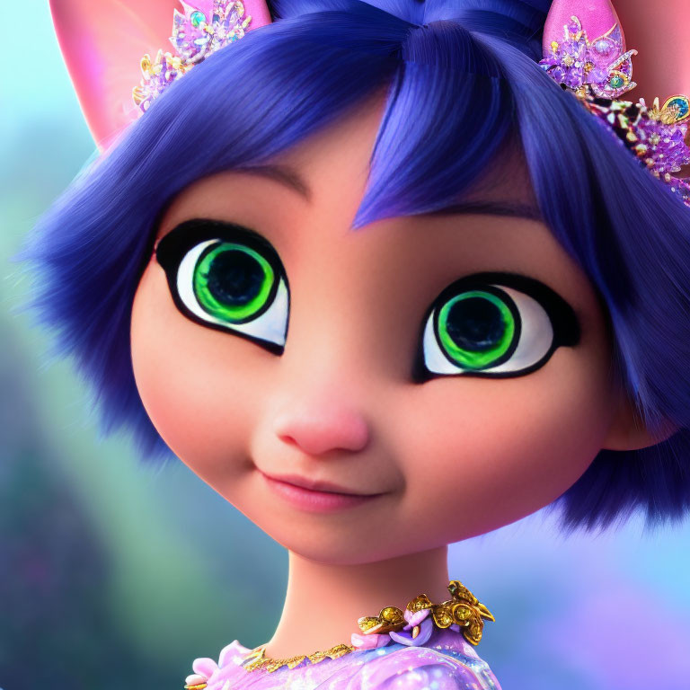 Colorful Animated Character with Green Eyes, Blue Hair, Cat-like Ears, Flowers, and Jewelry