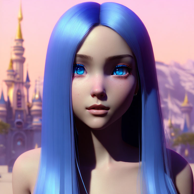 Digital portrait of female character with blue hair and eyes in fairy-tale castle setting