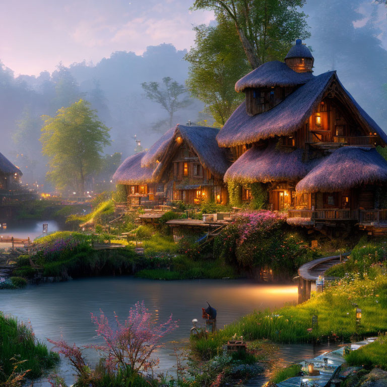 Tranquil river scene: Thatched-roof cottages, warm glowing lights, person fishing