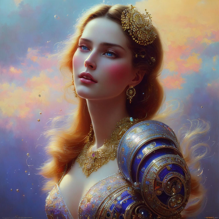 Digital Artwork: Woman with Golden Hair Accessories in Ornate Armor