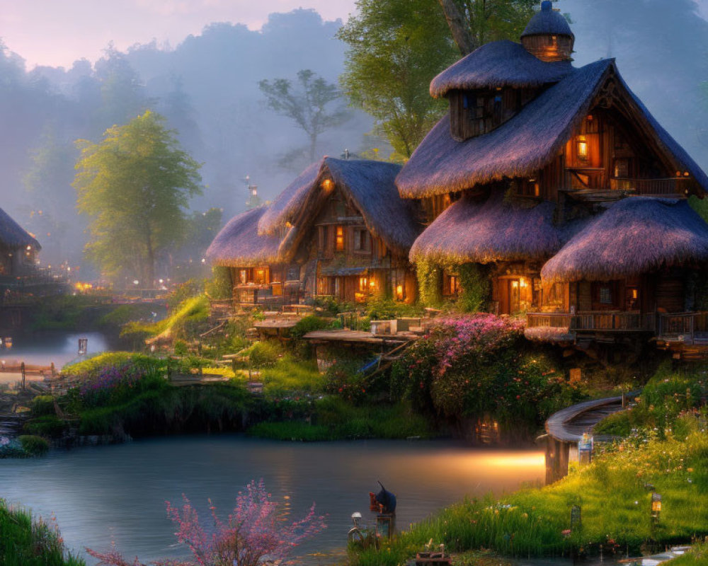 Tranquil river scene: Thatched-roof cottages, warm glowing lights, person fishing