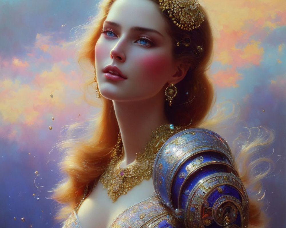 Digital Artwork: Woman with Golden Hair Accessories in Ornate Armor