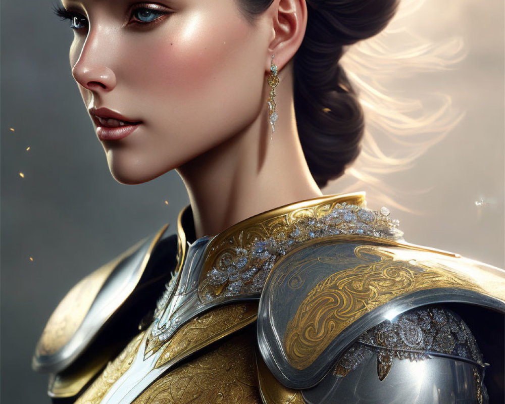 Digital art portrait of a woman in ornate golden armor with intricate designs