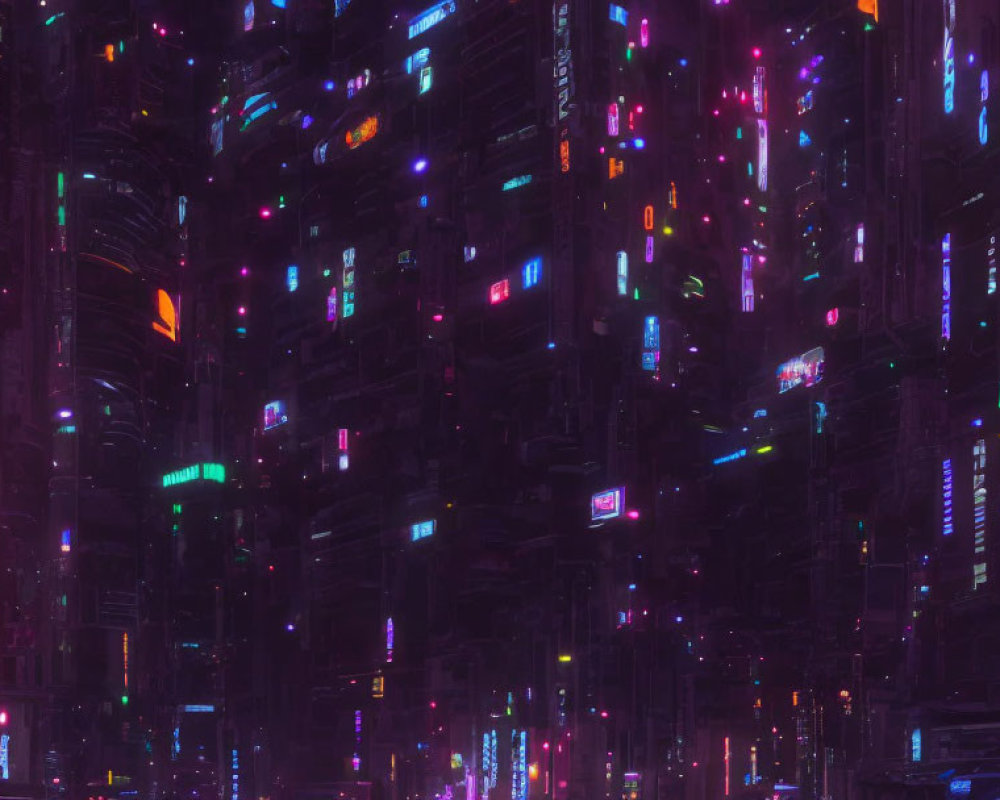 Neon-lit cyberpunk cityscape with towering buildings at night