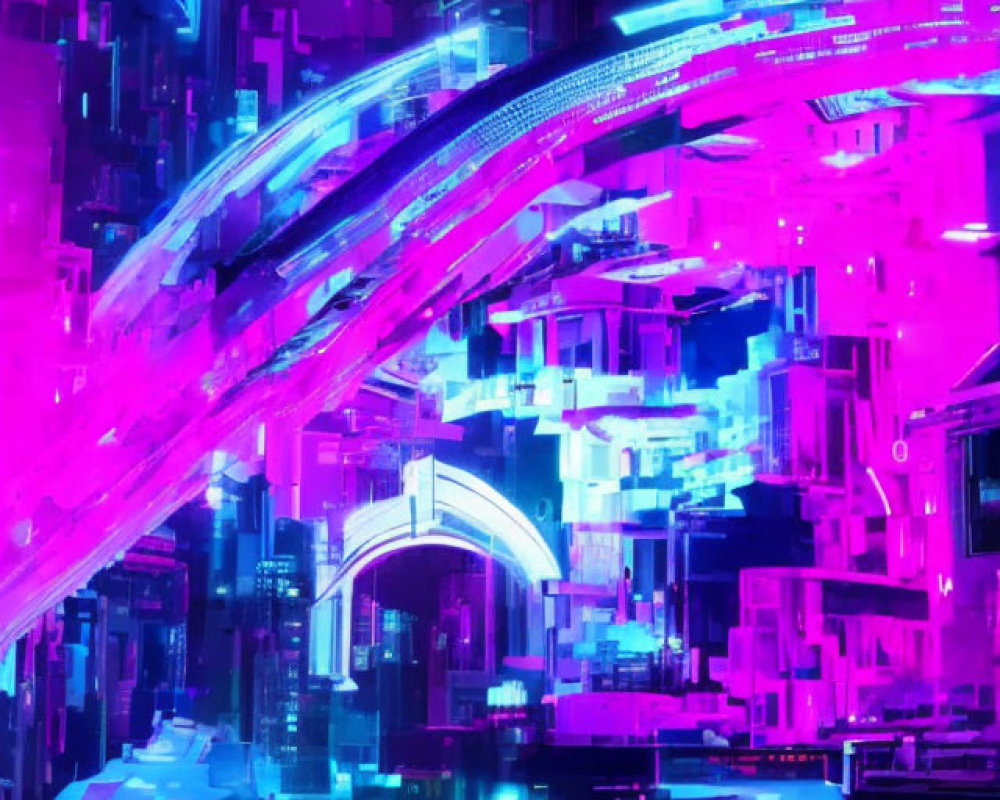 Futuristic neon cityscape with pink and blue hues and curved architecture