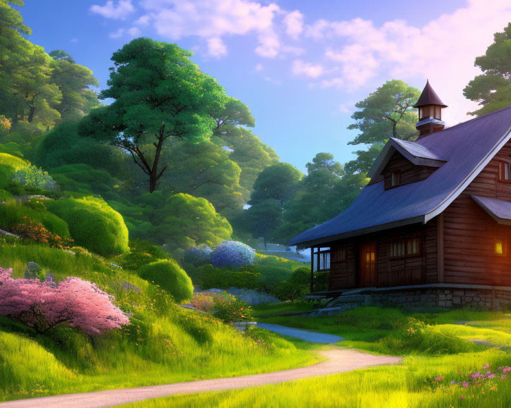 Tranquil landscape with wooden cabin, lush greenery, pink flowering trees