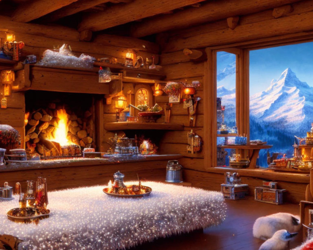 Snowy Mountain Cabin Interior with Fireplace, Festive Decor, Dog, and Winter View