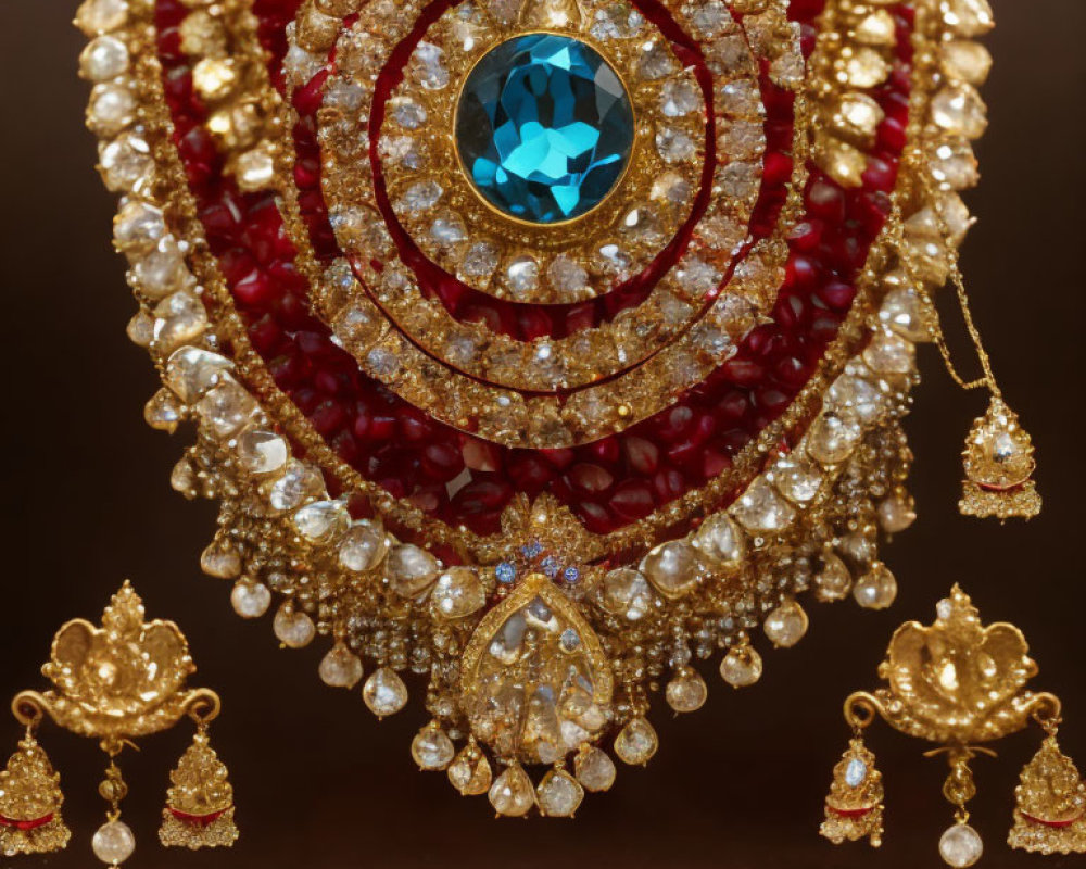 Gold Jewelry Set with Red Beads, Blue Gem, and Diamonds Earrings