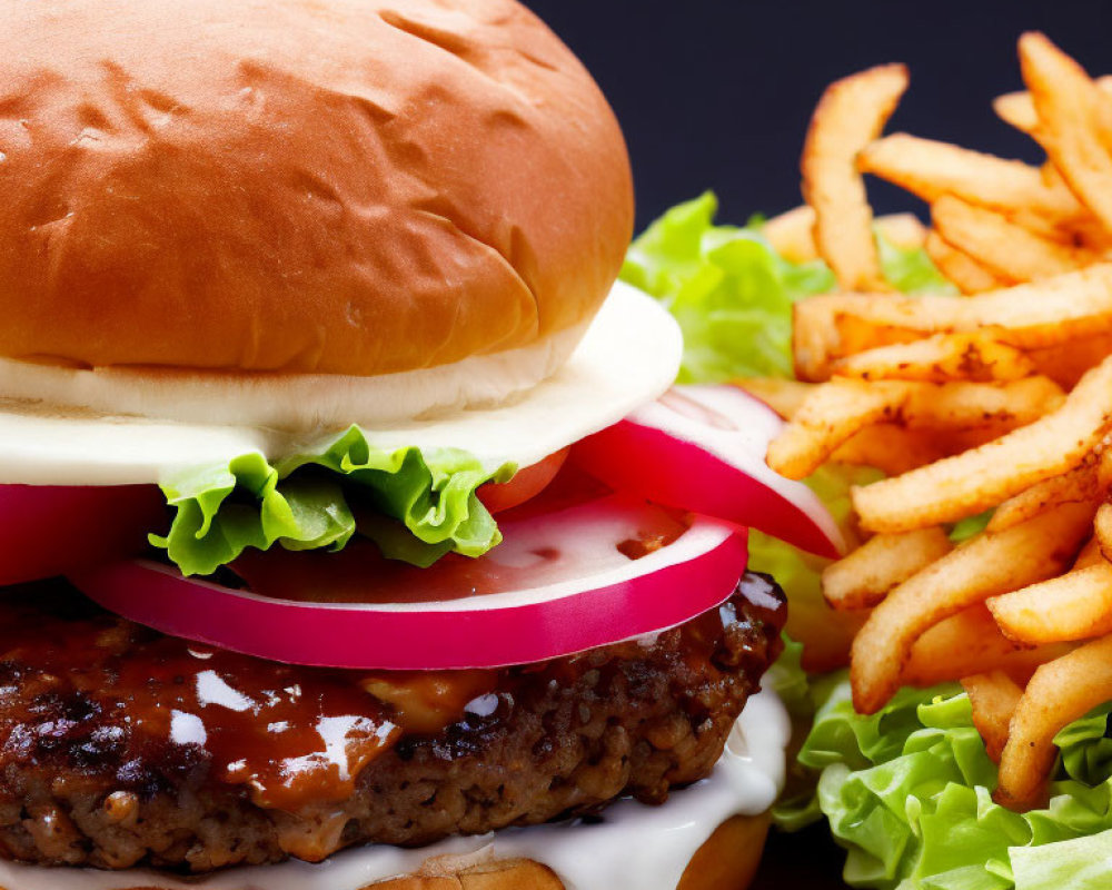 Juicy hamburger with lettuce, tomato, onions, cheese, and seasoned fries on black background