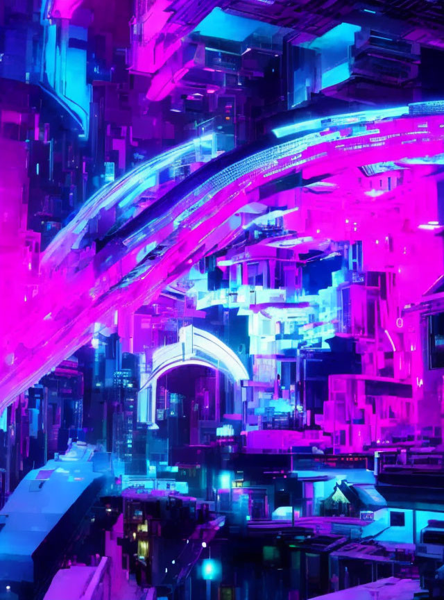 Futuristic neon cityscape with pink and blue hues and curved architecture