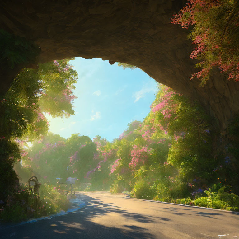 Tranquil road under rock arch with greenery and pink blossoms