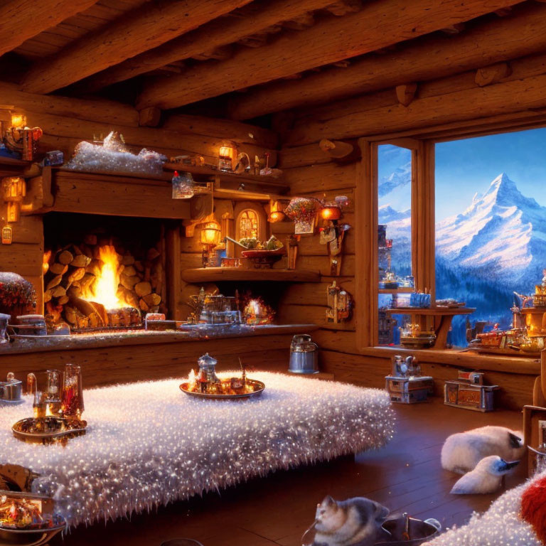 Snowy Mountain Cabin Interior with Fireplace, Festive Decor, Dog, and Winter View