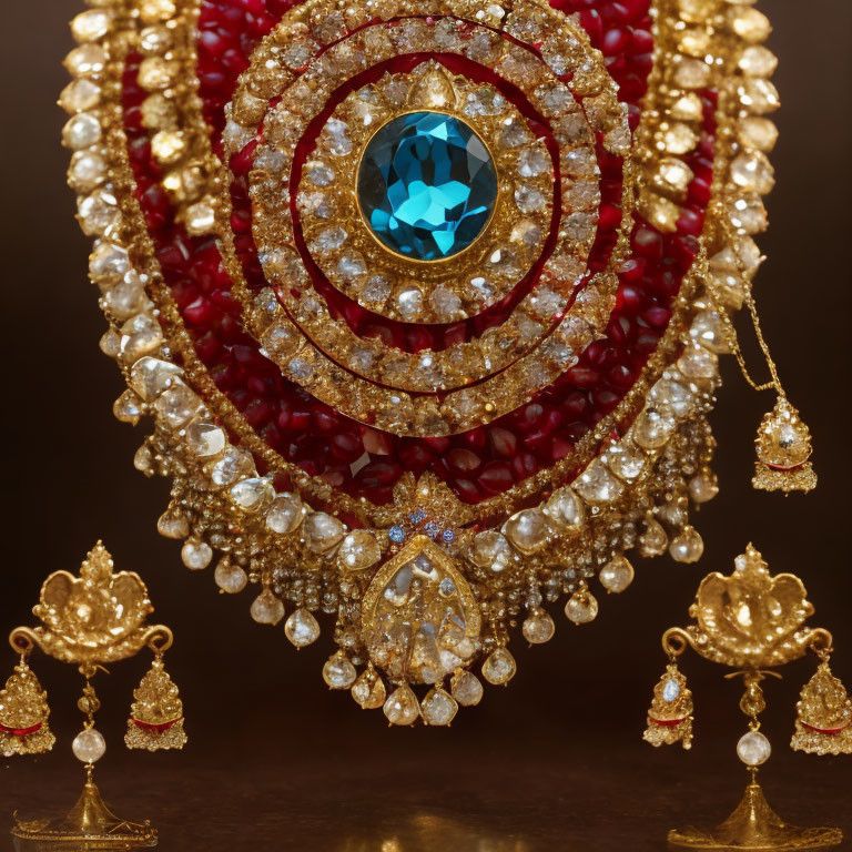 Gold Jewelry Set with Red Beads, Blue Gem, and Diamonds Earrings