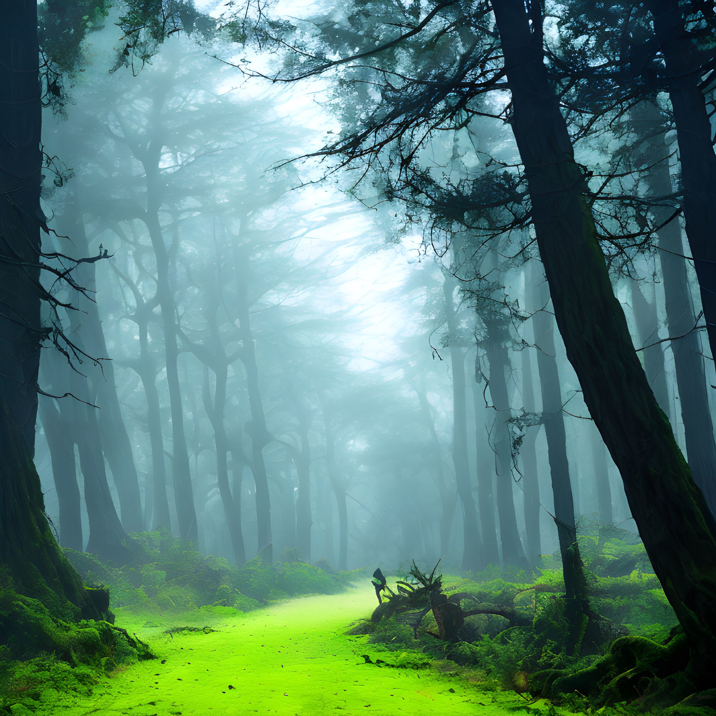 Misty forest with towering trees and moss-covered path in foggy setting