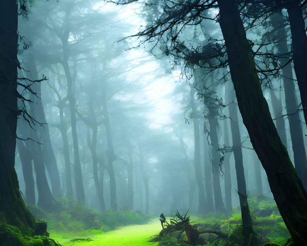 Misty forest with towering trees and moss-covered path in foggy setting