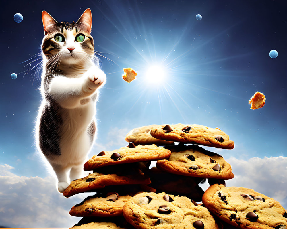 Cat standing on cookies reaching starry sky with planets