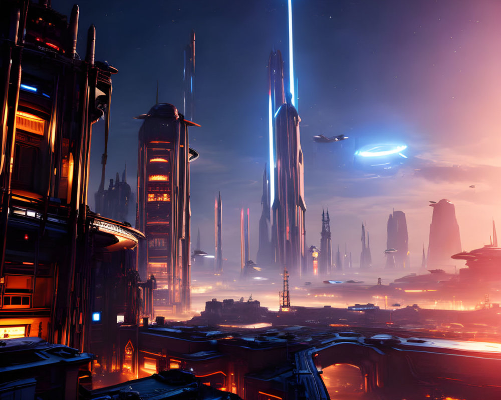 Futuristic twilight cityscape with skyscrapers, lights, and flying vehicles