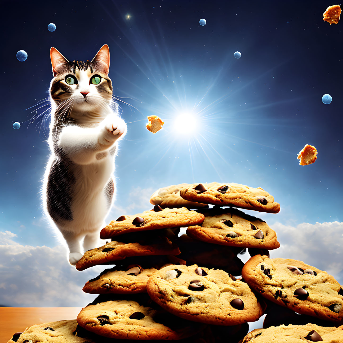 Cat standing on cookies reaching starry sky with planets