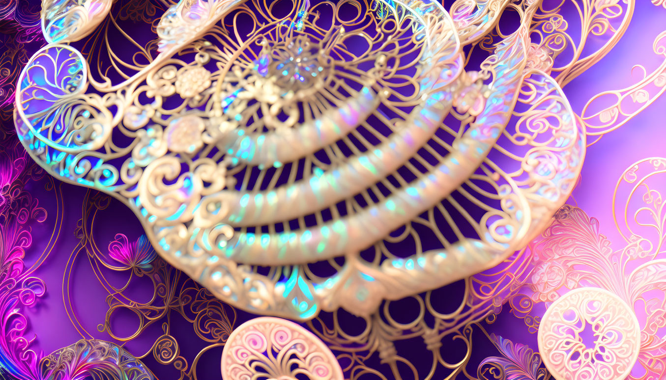 Detailed 3D fractal with golden patterns on purple and pink background