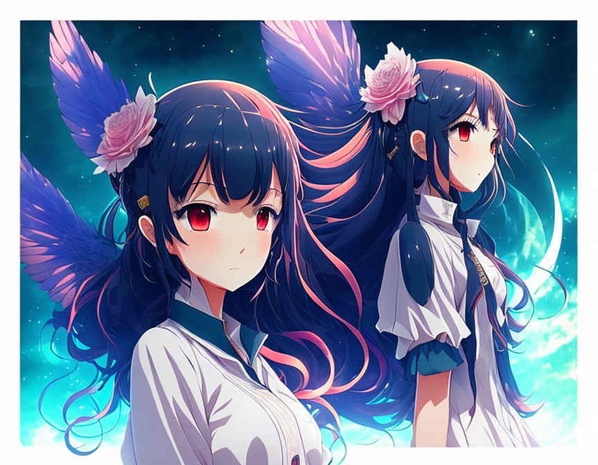 Anime-style girls with blue butterfly wings and rose-adorned hair in starry night sky.