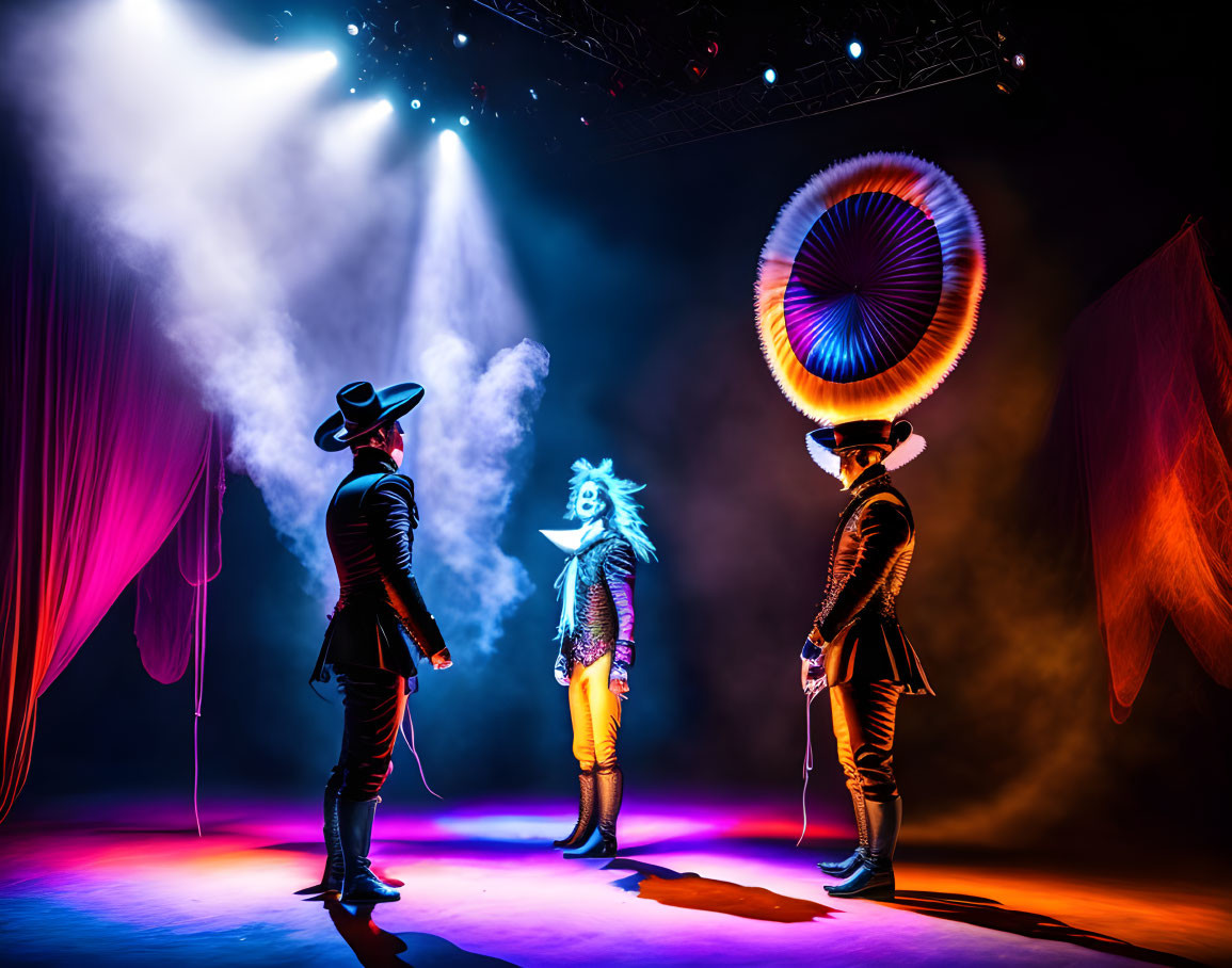 Three performers in extravagant costumes under stage lights.