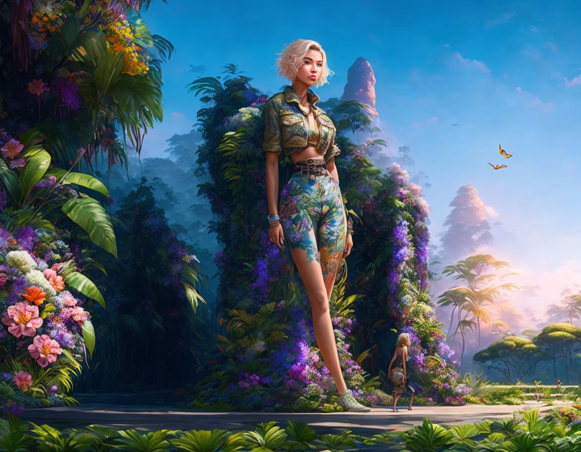 Fashionable woman in tropical print outfit surrounded by lush flora and vibrant flowers.