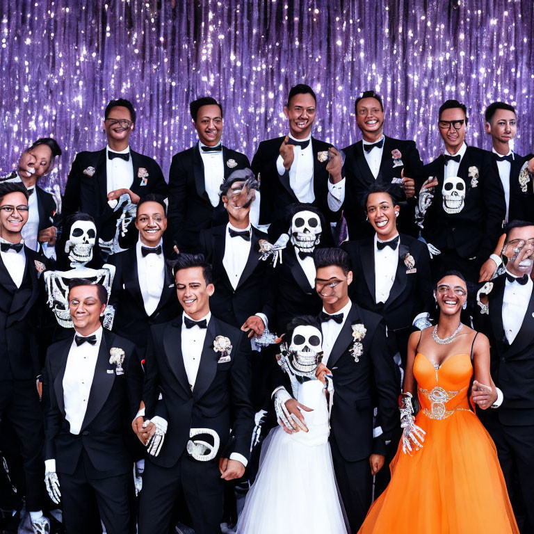 Formal Attired Group in Skull Masks at Festive Event with Sparkly Backdrop