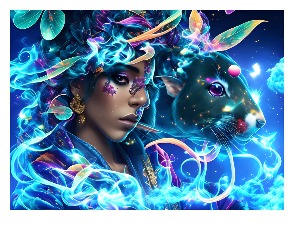 Mystical portrait of woman with glowing blue hair and panther in neon highlights