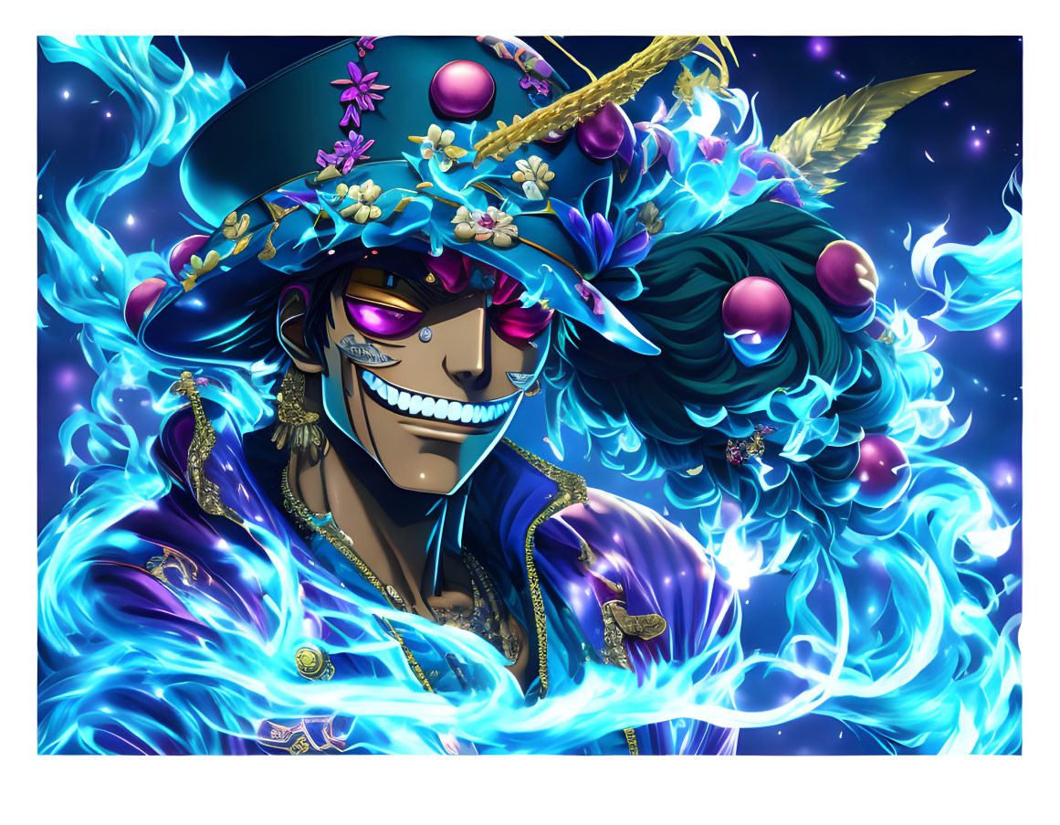 Anime-style pirate with fancy hat and blue flames aura