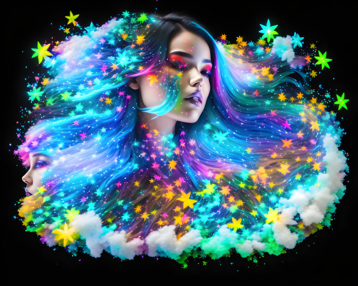 Colorful digital artwork: Woman's face merges with cosmic scene.