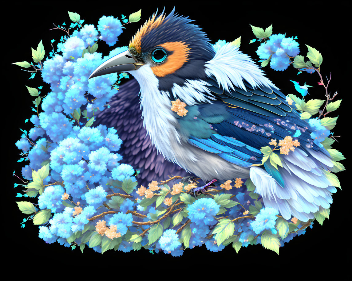 Colorful bird surrounded by flowers and foliage on black background