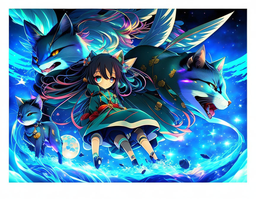 Anime-style illustration of girl with black hair and mystical blue wolves under starry night with full moon